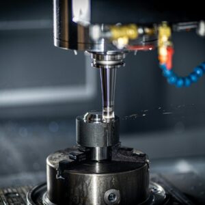 Close-up of CNC machine in action, showcasing precision engineering and industrial equipment.
